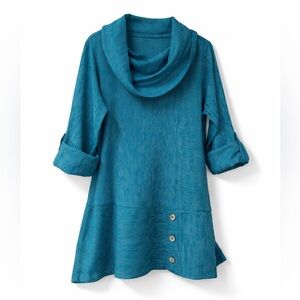 SOFT SURROUNDINGS Teal Pinstripes Cowl Neck Tunic Sz L Hidden Pockets